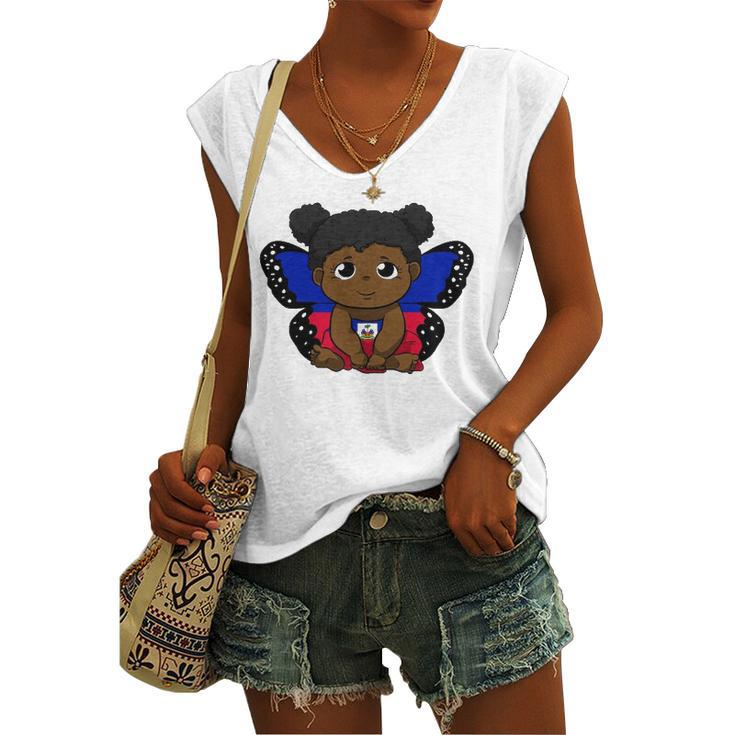 Haiti Haitian Love Flag Princess Girl Kid Wings Butterfly Women's V-neck Casual Sleeveless Tank Top