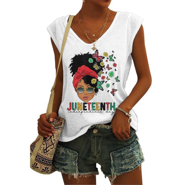 Junenth Is My Independence Day Black Queen And Butterfly Women's V-neck Tank Top