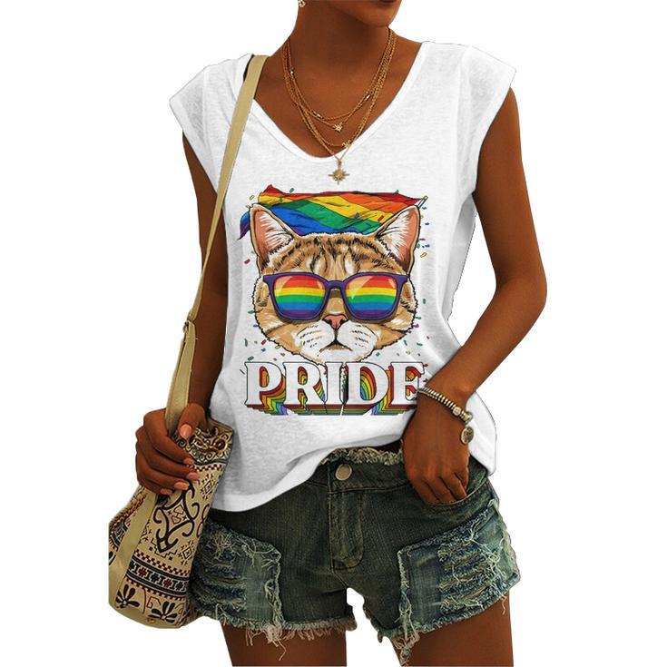 Lgbt Cat Gay Pride Lgbtq Rainbow Flag Sunglasses Women's V-neck Tank Top