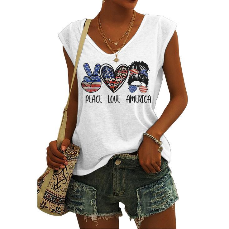 Peace Love America Messy Bun American Flag 4Th Of July Women's Vneck Tank Top