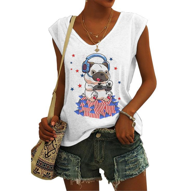 Pug Game Puppy Controller 4Th Of July Boys Video Gamer Women's V-neck Tank Top