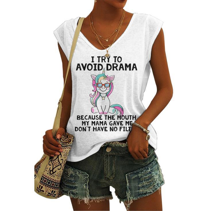 Unicorns I Try To Avoid Drama Because The Mouth V2 Women's Vneck Tank Top