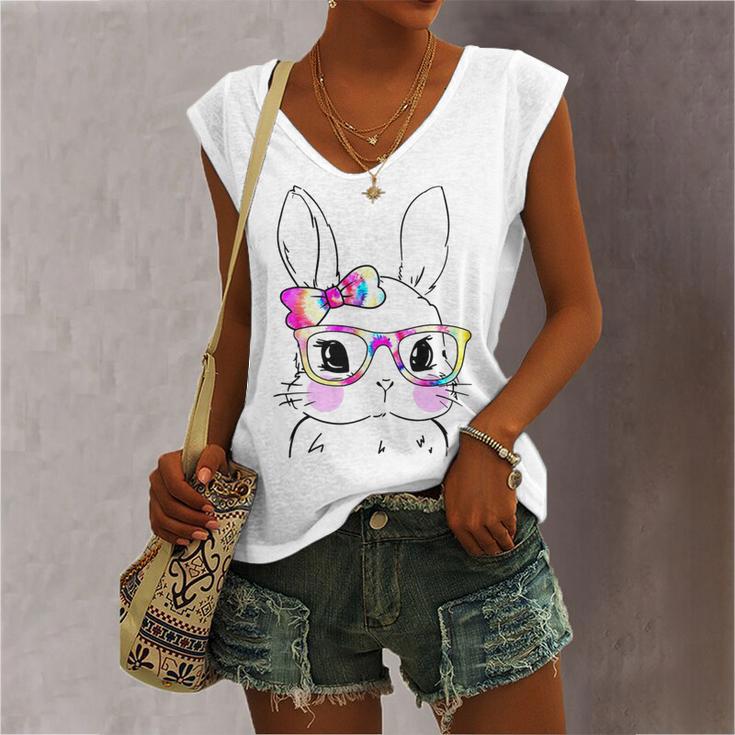 Cute Bunny Rabbit Face Tie Dye Glasses Girl Happy Easter Day Women's V-neck Casual Sleeveless Tank Top