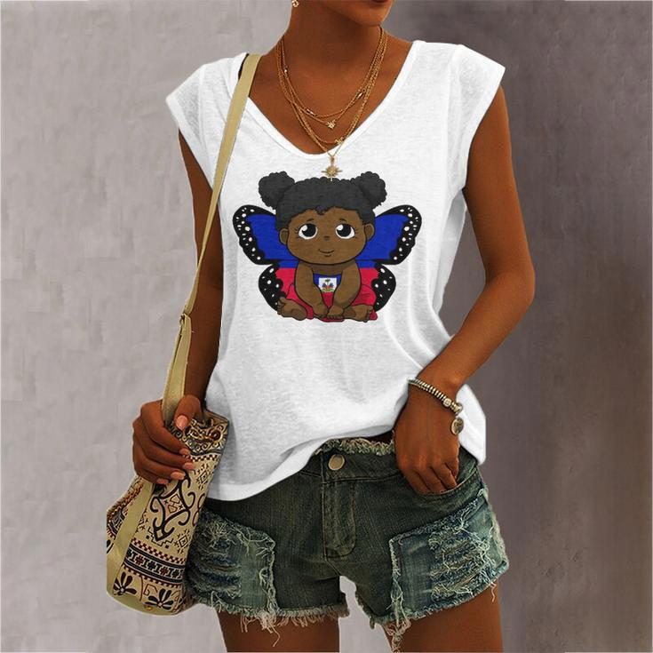 Haiti Haitian Love Flag Princess Girl Kid Wings Butterfly Women's V-neck Tank Top
