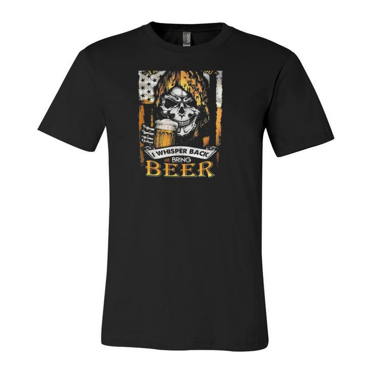 The Devil Whispered To Me Im Coming For You I Whisper Back Bring Beer Grim Reaper American Flag Jersey T-Shirt