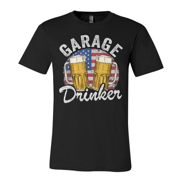 Garage Drinker 4Th Of July American Flag Dad Mens Garage  Unisex Jersey Short Sleeve Crewneck Tshirt