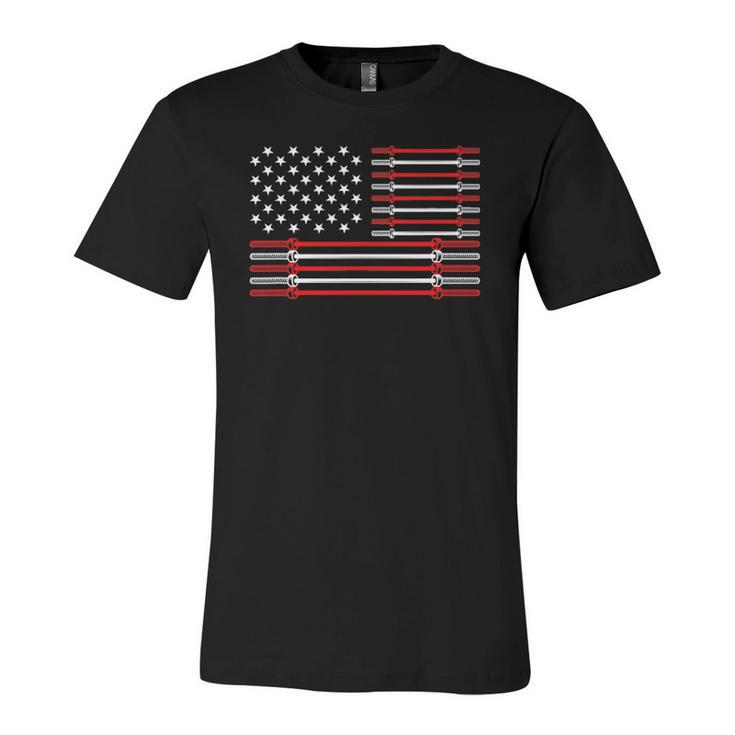 Us Flag Barbells Weightlifting Patriotic Gym Workout Jersey T-Shirt