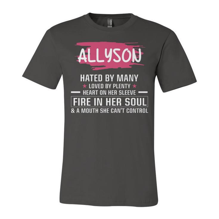 Allyson Name Gift   Allyson Hated By Many Loved By Plenty Heart On Her Sleeve Unisex Jersey Short Sleeve Crewneck Tshirt