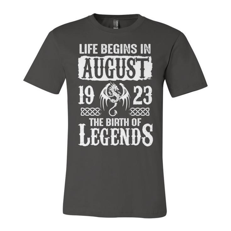 August 1923 Birthday   Life Begins In August 1923 Unisex Jersey Short Sleeve Crewneck Tshirt