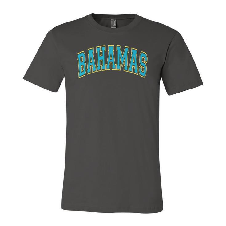 Bahamas Varsity Style Teal Text With Yellow Outline Jersey T-Shirt
