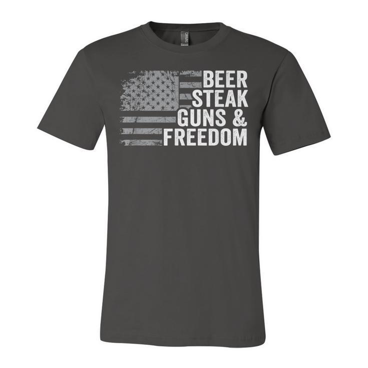 Beer Steak Guns & Freedom - 4Th July Usa Flag Drinking Bbq  Unisex Jersey Short Sleeve Crewneck Tshirt