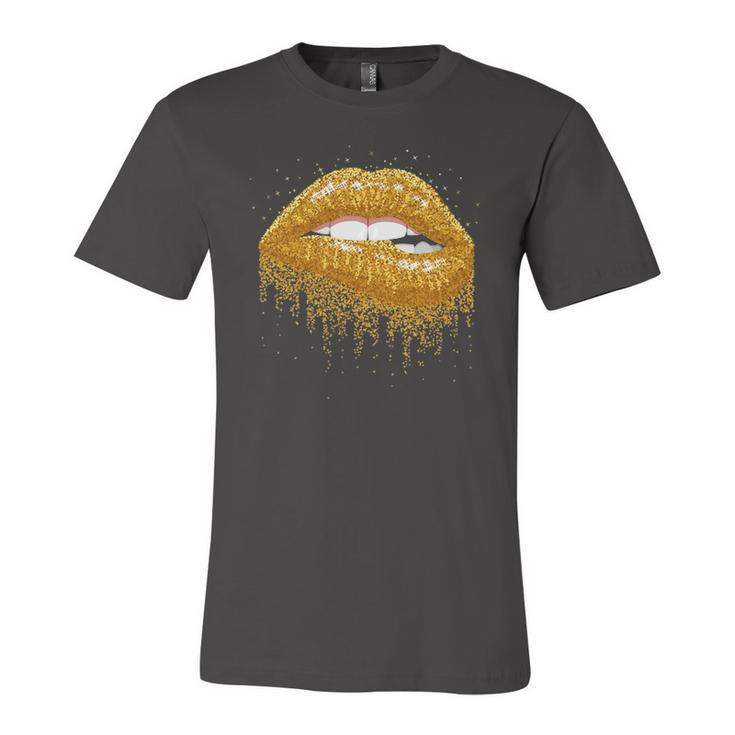 Cool Lips Bite Kiss Me -Gold Sparkle- Sexy Lips Jersey T-Shirt