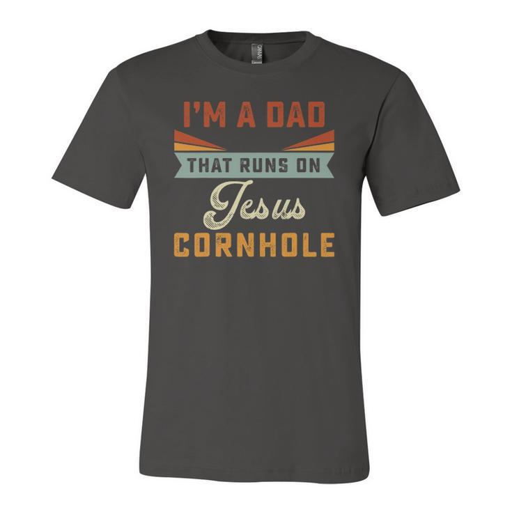 Im A Dad That Runs On Jesus Cornhole Christian Vintage Jersey T-Shirt