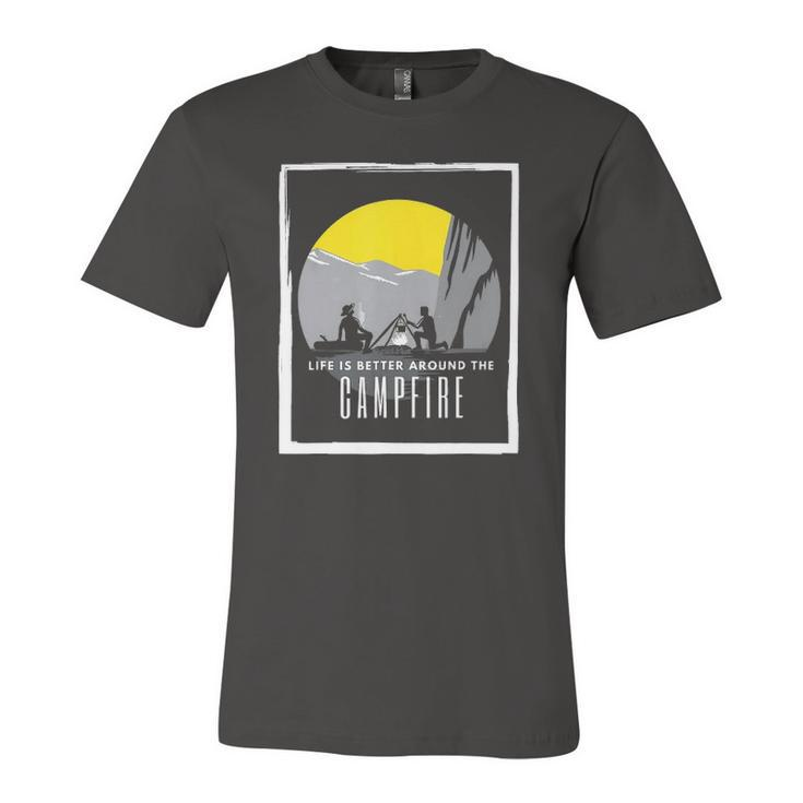 Dad And Son Outdoor Campfire On Mountain Summertime Jersey T-Shirt