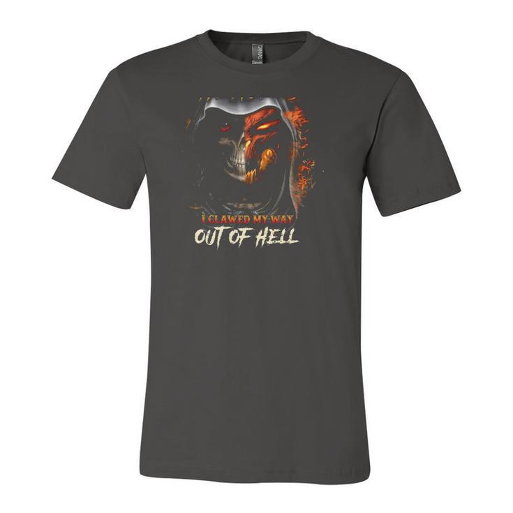 I Didnt From Heaven I Clawed My Way Out Of Hell Flaming Skull Jersey T-Shirt