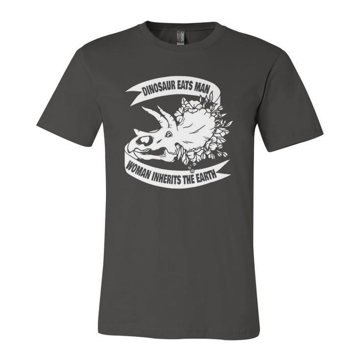 Dinosaur Eats Man Woman Inherits The Earth Jersey T-Shirt