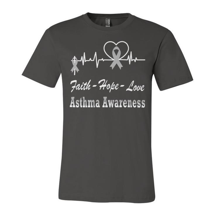 Faith Hope Love Asthma Awareness Heartbeat Christian Cross  Grey Ribbon  Asthma  Asthma Awareness Unisex Jersey Short Sleeve Crewneck Tshirt