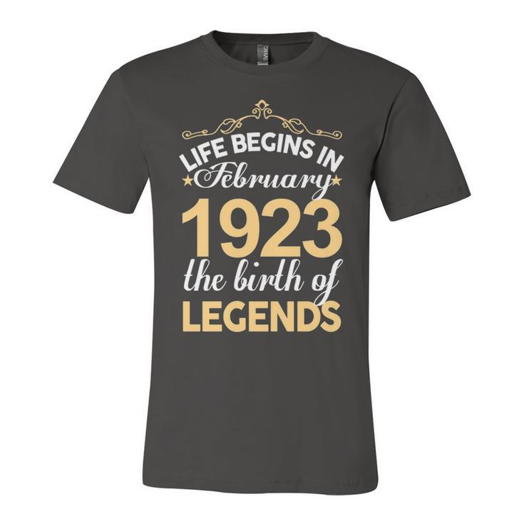 February 1923 Birthday   Life Begins In February 1923 V2 Unisex Jersey Short Sleeve Crewneck Tshirt