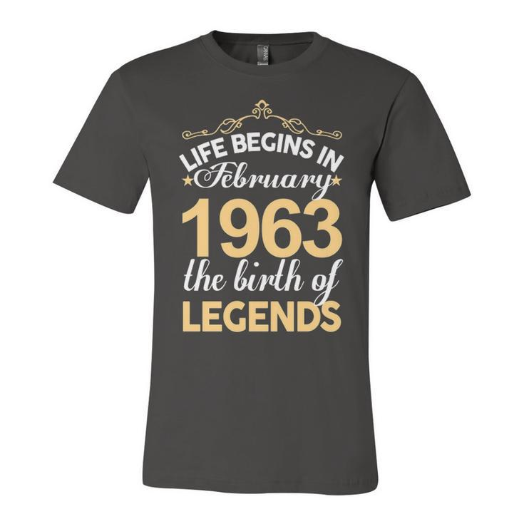 February 1963 Birthday   Life Begins In February 1963 V2 Unisex Jersey Short Sleeve Crewneck Tshirt