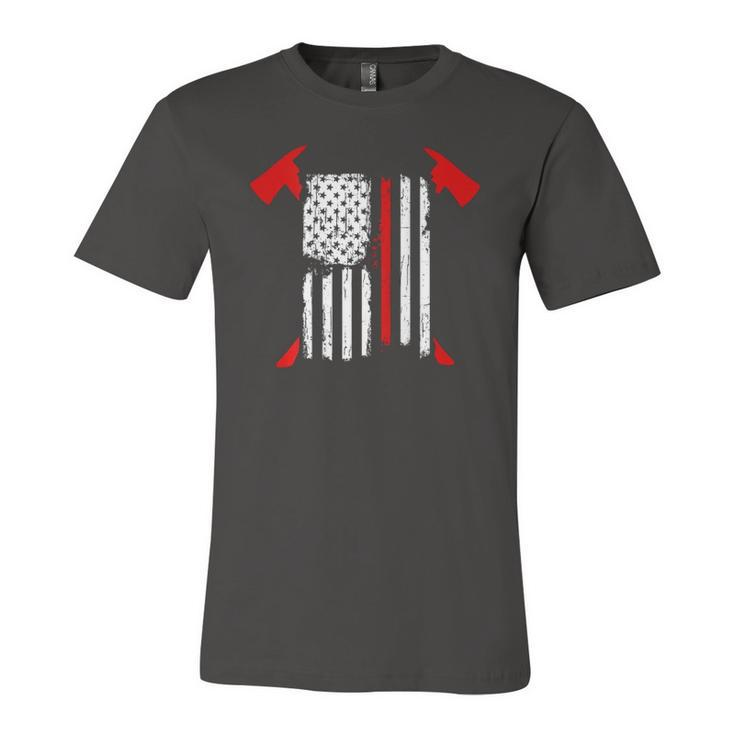 Firefighter Red Line Us Flag Crossed Axes Printed Back Jersey T-Shirt