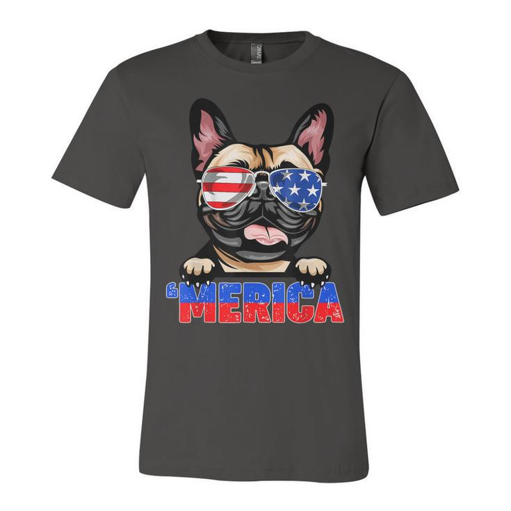French Bulldog Frenchie Merica Wear Sunglasses 4Th Of July  Unisex Jersey Short Sleeve Crewneck Tshirt