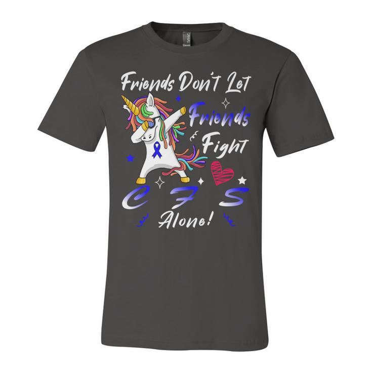 Friends Dont Let Friends Fight Chronic Fatigue Syndrome Cfs Alone  Unicorn Blue Ribbon  Chronic Fatigue Syndrome Support  Cfs Awareness Unisex Jersey Short Sleeve Crewneck Tshirt