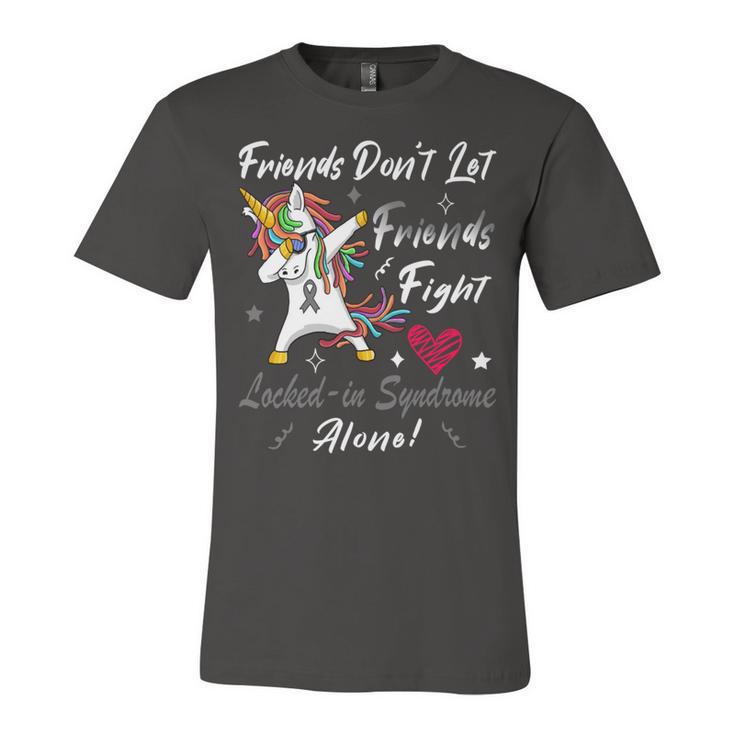 Friends Dont Let Friends Fight Lockedin Syndrome Alone  Unicorn Silver Ribbon  Lockedin Syndrome  Lockedin Syndrome Awareness Unisex Jersey Short Sleeve Crewneck Tshirt