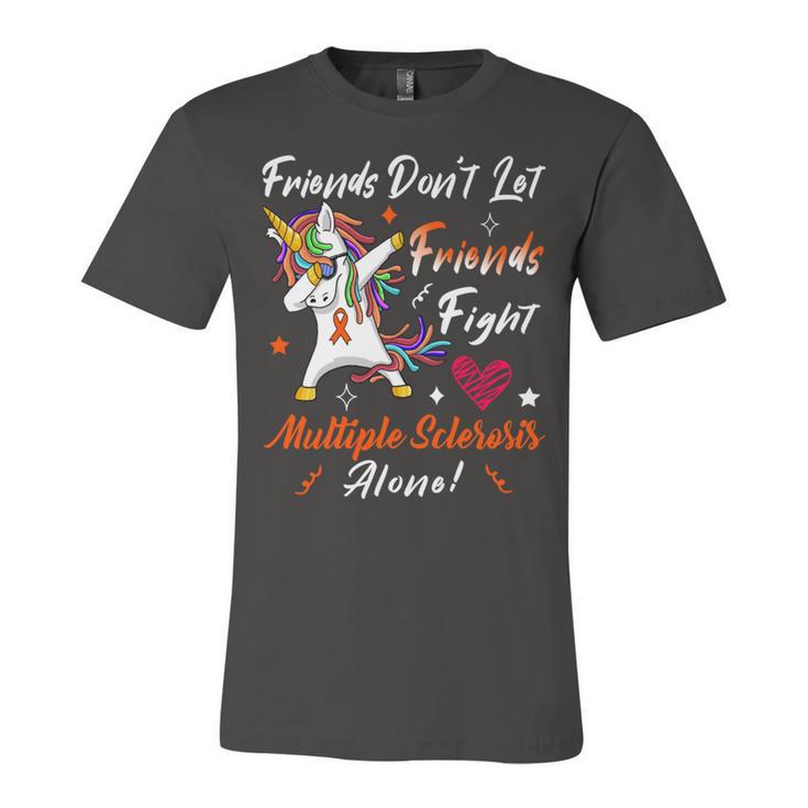 Friends Dont Let Friends Fight Multiple Sclerosis Alone Unicorn Orange Ribbon Multiple Sclerosis Multiple Sclerosis Awareness Unisex Jersey Short Sleeve Crewneck Tshirt