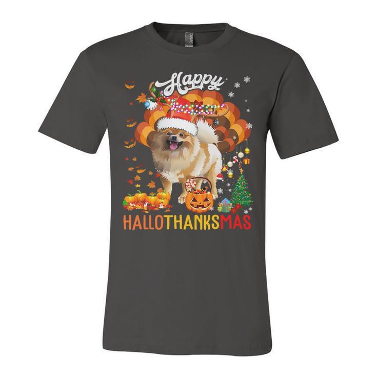 Hallothanksmas Santa Turkey Pumpkin Pomeranian Dog T-Shirt Unisex Jersey Short Sleeve Crewneck Tshirt