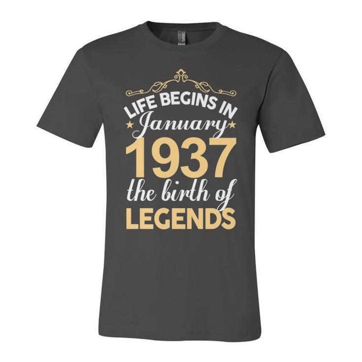 January 1937 Birthday   Life Begins In January 1937 V2 Unisex Jersey Short Sleeve Crewneck Tshirt