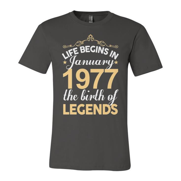 January 1977 Birthday   Life Begins In January 1977 V2 Unisex Jersey Short Sleeve Crewneck Tshirt