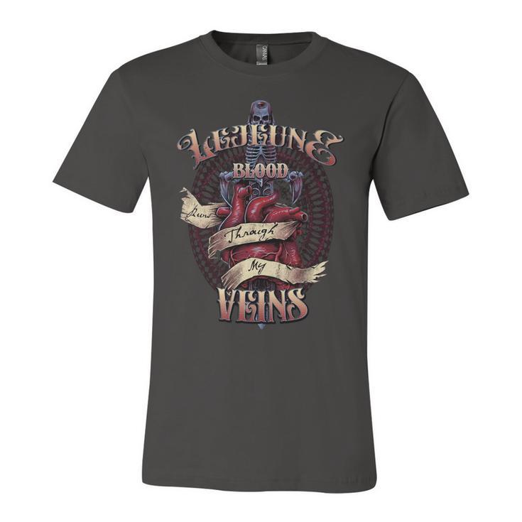 Lejeune Blood Runs Through My Veins Name Unisex Jersey Short Sleeve Crewneck Tshirt