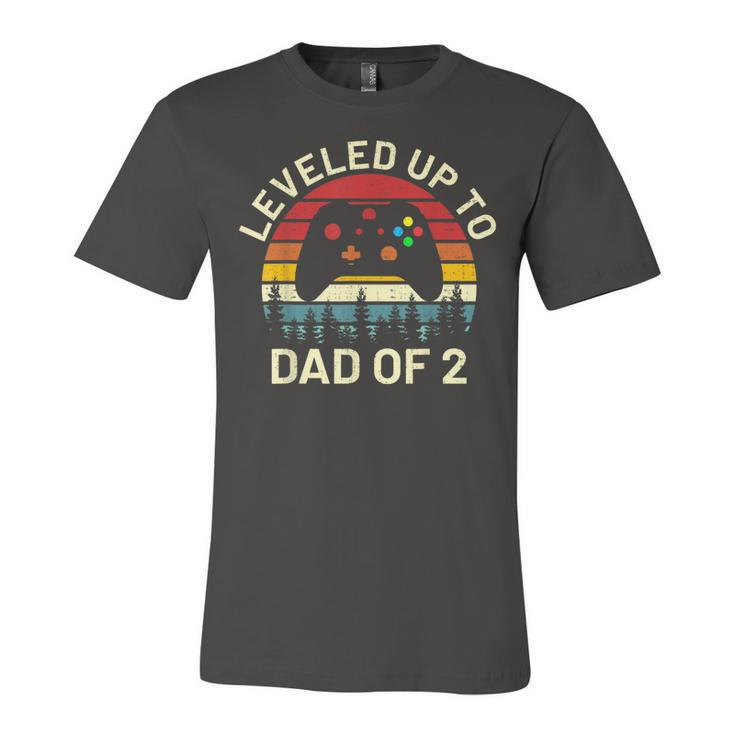 Leveled Up To Dad Of 2 Video Gamers Funny Gaming Two Daddy  Unisex Jersey Short Sleeve Crewneck Tshirt