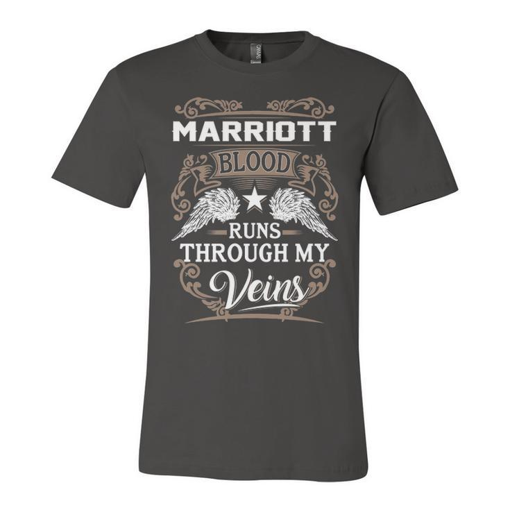 Marriott Name Gift   Marriott Blood Runs Through My Veins Unisex Jersey Short Sleeve Crewneck Tshirt