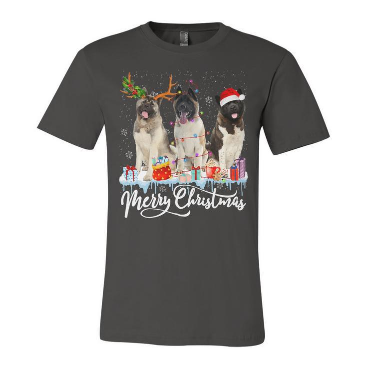 Merry Christmas American Akita Santa Light Reindeer Snow T-Shirt Unisex Jersey Short Sleeve Crewneck Tshirt
