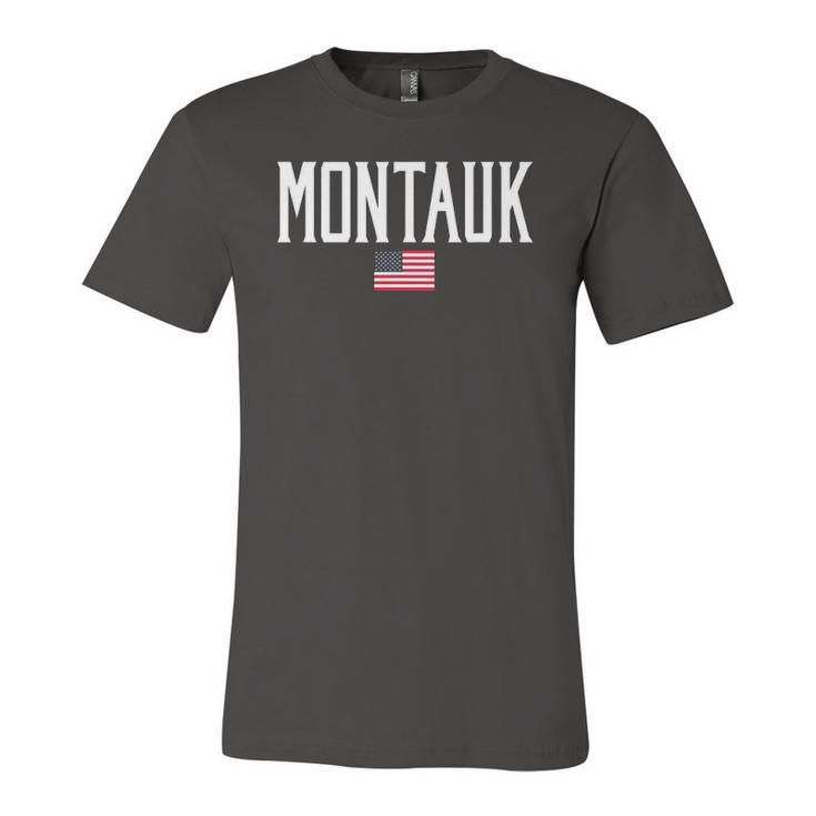 Montauk Ny American Flag Vintage White Text Jersey T-Shirt