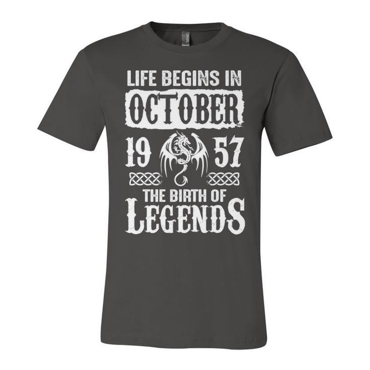 October 1957 Birthday   Life Begins In October 1957 Unisex Jersey Short Sleeve Crewneck Tshirt
