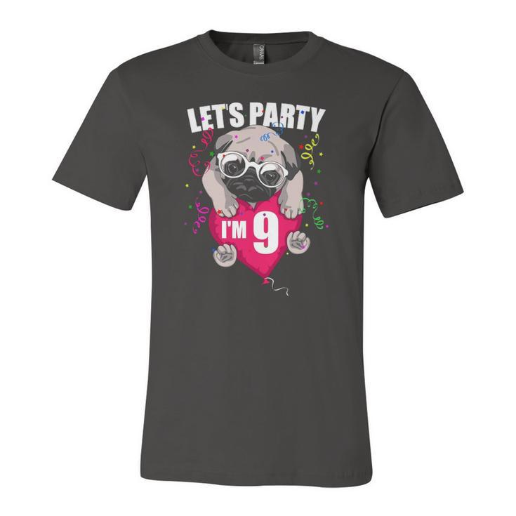 Pug Birthday Im Nine Lets Party 9Th Bday Cute Dog Flying Jersey T-Shirt