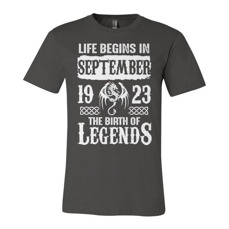 September 1923 Birthday   Life Begins In September 1923 Unisex Jersey Short Sleeve Crewneck Tshirt