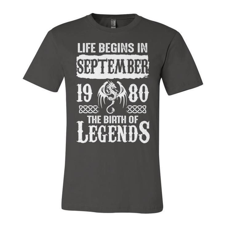 September 1980 Birthday   Life Begins In September 1980 Unisex Jersey Short Sleeve Crewneck Tshirt