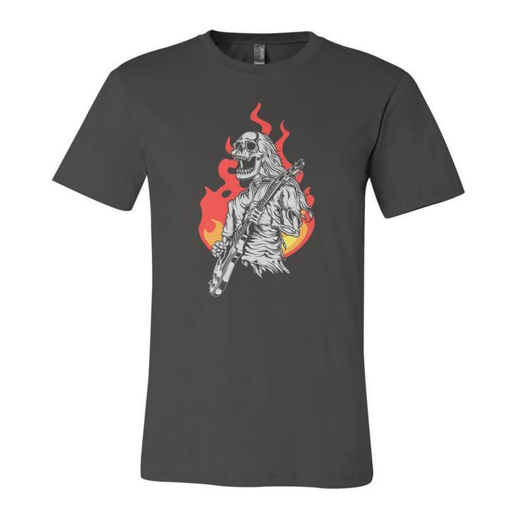 Skeleton Playing Electric Guitar Flames Rock Music Jersey T-Shirt