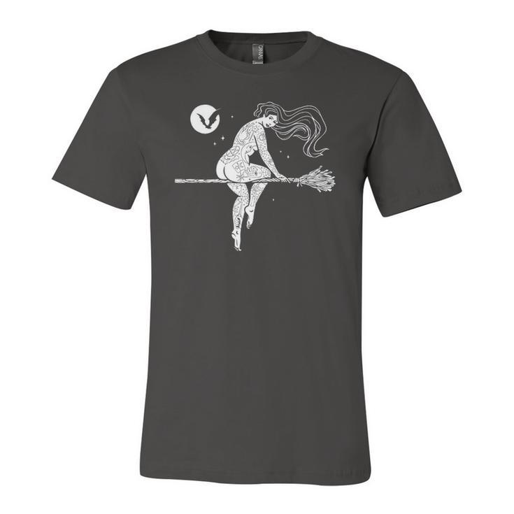 Tattooed Witch On Broomstick Full Moon & Bat Halloween Jersey T-Shirt