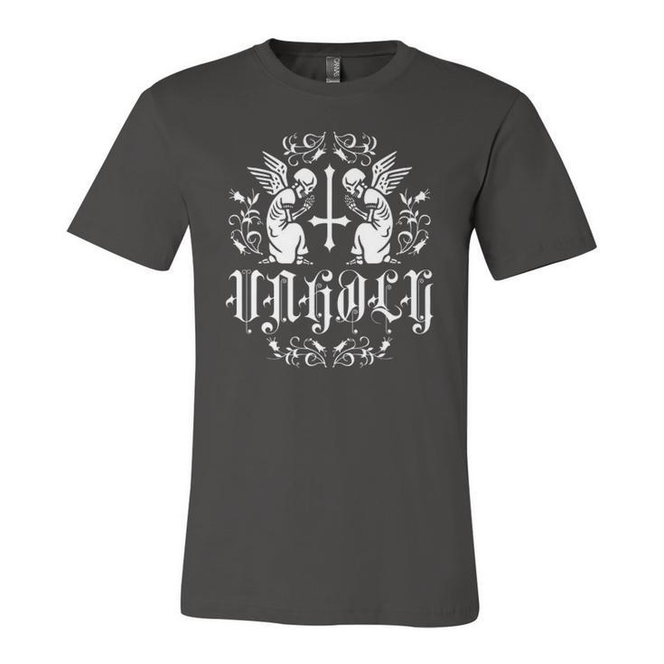Unholy Praying Skeletons With Inverted Upside Down Cross Jersey T-Shirt