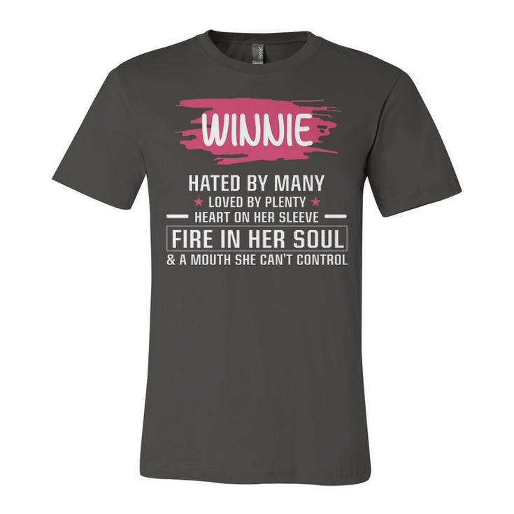 Winnie Name Gift   Winnie Hated By Many Loved By Plenty Heart On Her Sleeve Unisex Jersey Short Sleeve Crewneck Tshirt