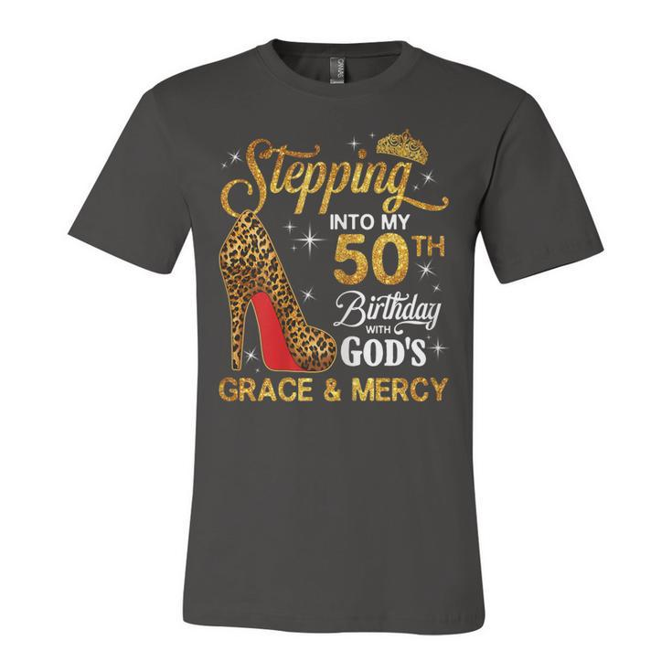 Womens 50Th Birthday Leopard Shoes Stepping Into My 50Th Bday  Unisex Jersey Short Sleeve Crewneck Tshirt