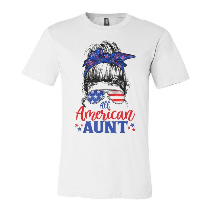 4Th Of July All American Aunt Messy Bun Patriotic Usa Flag  Unisex Jersey Short Sleeve Crewneck Tshirt