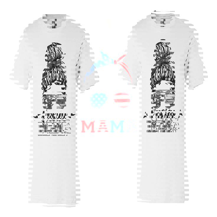 4Th Of July American Mama Messy Bun Mom Life Patriotic Mom  Unisex Jersey Short Sleeve Crewneck Tshirt