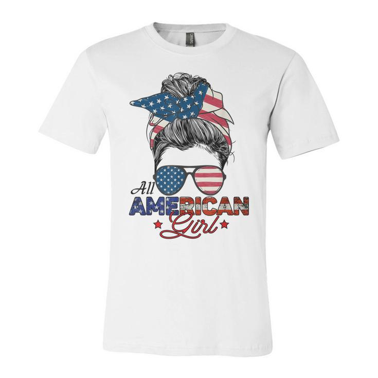 All American Girl 4Th July Messy Bun Us Flag  Unisex Jersey Short Sleeve Crewneck Tshirt