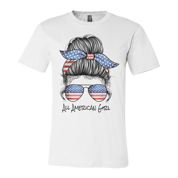 All American Girl Messy Bun American Flag 4Th Of July  Unisex Jersey Short Sleeve Crewneck Tshirt