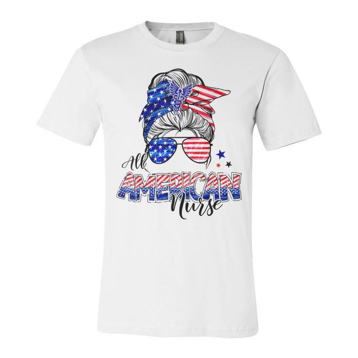 American Flag Patriotic Nurse Messy Bun 4Th Of July  Unisex Jersey Short Sleeve Crewneck Tshirt